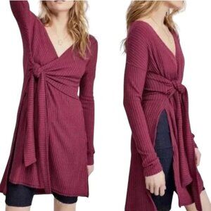 FREE PEOPLE Fall For You Tunic Top, Sweet Myrtle Red Side Slits Faux Wrap, S